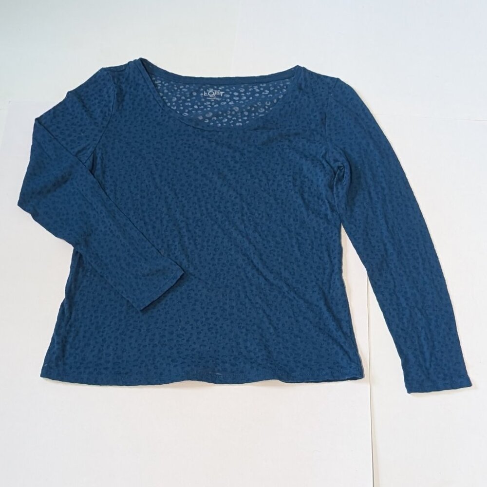 Ann Taylor Loft Sheer Leopard Print Long Sleeve‎ Dark Blue Shirt, Size SP